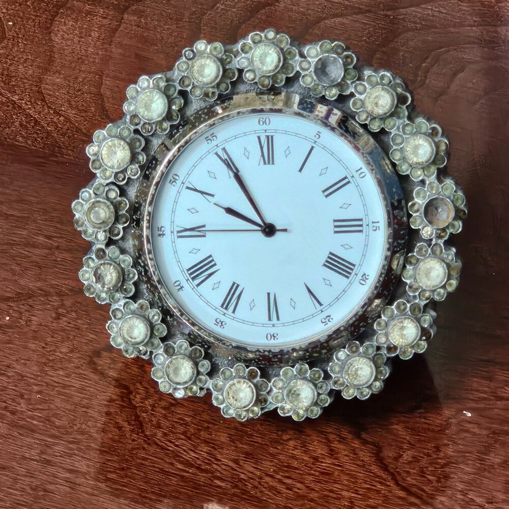 RARE JAY STRONGWATER FLOWER EDGE DUCHESS CRYSTAL ENAMEL SILVER DESK MANTLE CLOCK